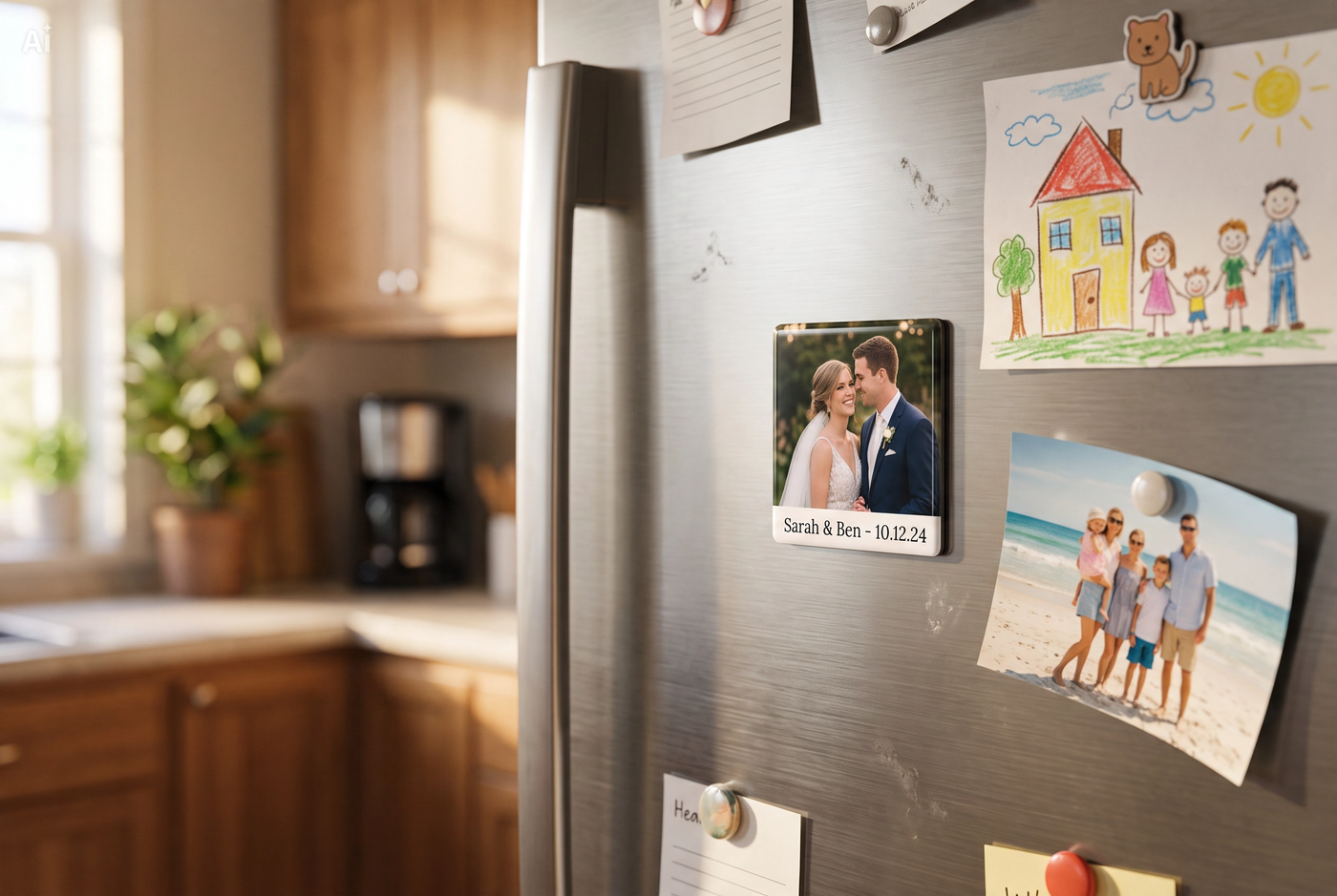 Custom wedding photo magnet on a kitchen fridge
